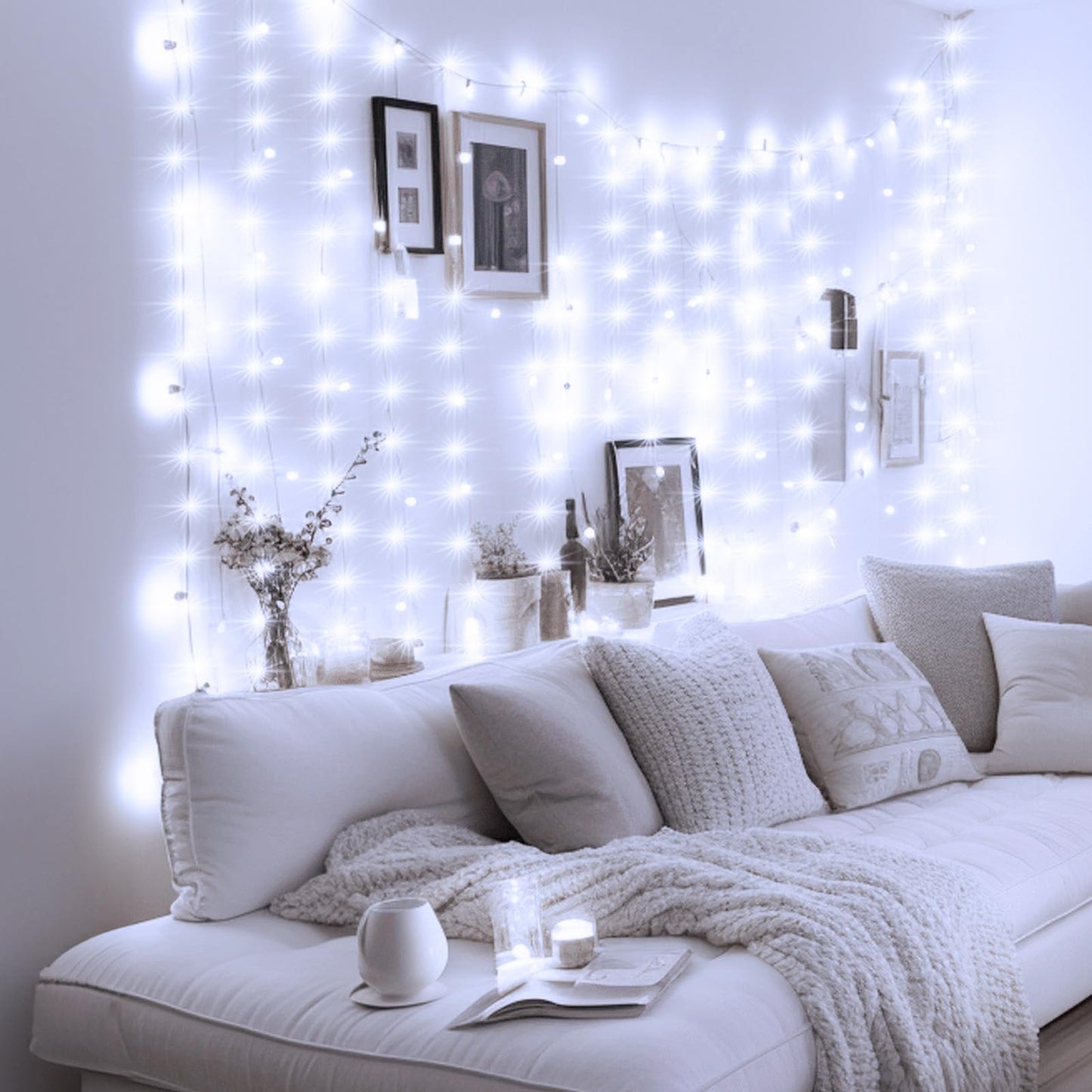 Minetom Curtain Lights, 300 LED Dimmable Fairy Lights with Remote and Timer, 8 Modes, USB Powered String Lights for Room Wall Party Xmas Indoor Decor, Winter Wonderland Christmas Decorations