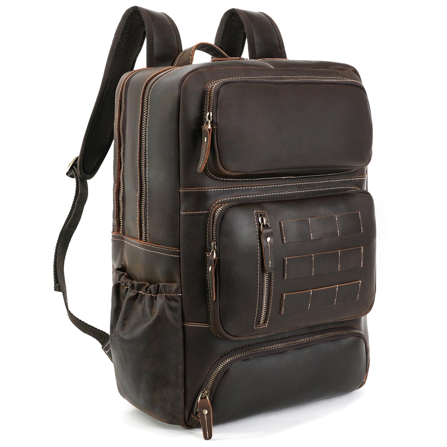 Full Grain Leather Backpack for Men, 17” Laptop Shoulder Bag, Large Capacity Travel Business Rucksack with YKK Zippers, Ergonomics S-Shape Padded Straps, Multi Pockets, Water Bottle Pocket, Brown