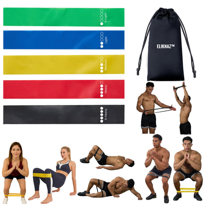Eliknaz Resistance Loop Bands, Exercise Bands,Multi Resistance Levels,Carry Bag, Wrist, Glute, Leg and Arm Workout Bands, Strength Training, Stretching, Physical Therapy,Yoga, Pilates Set of 5 Loops