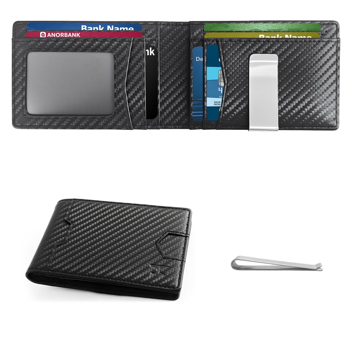 TOPFORGES RFID Wallet for Men with Money Clip (Removable) Slim Mens Wallet Carbon Fiber Front Pocket Minimalist Cash Card Holder Fits 11 Cards ID Window Includes Gift Box(Black