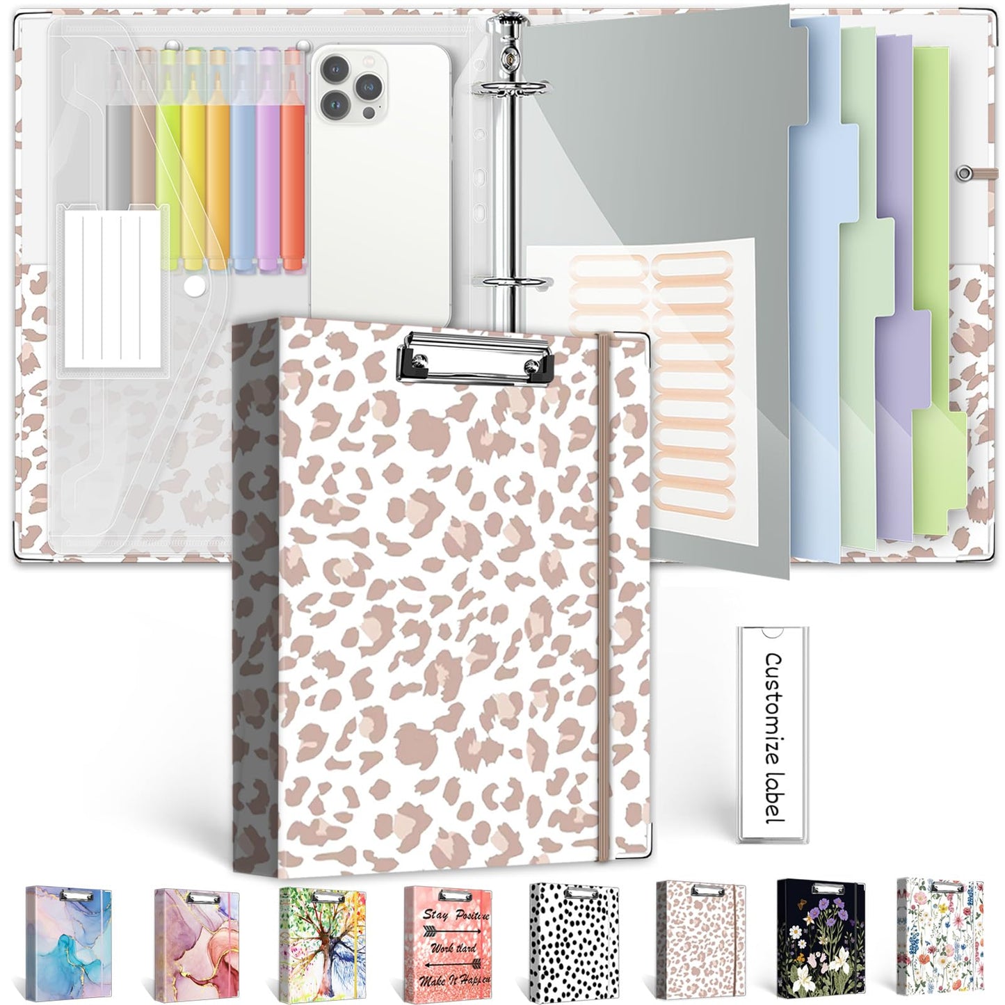 3 Ring Binder 1 Inch for 8.5"x11" Paper, Three Ring Binders with Clipboard, 5 Dividers with Tabs and Pockets, Transparent Folder, 18 Divider Stikers, BVSSX Decorative Binder with Pen Holder,Leopard