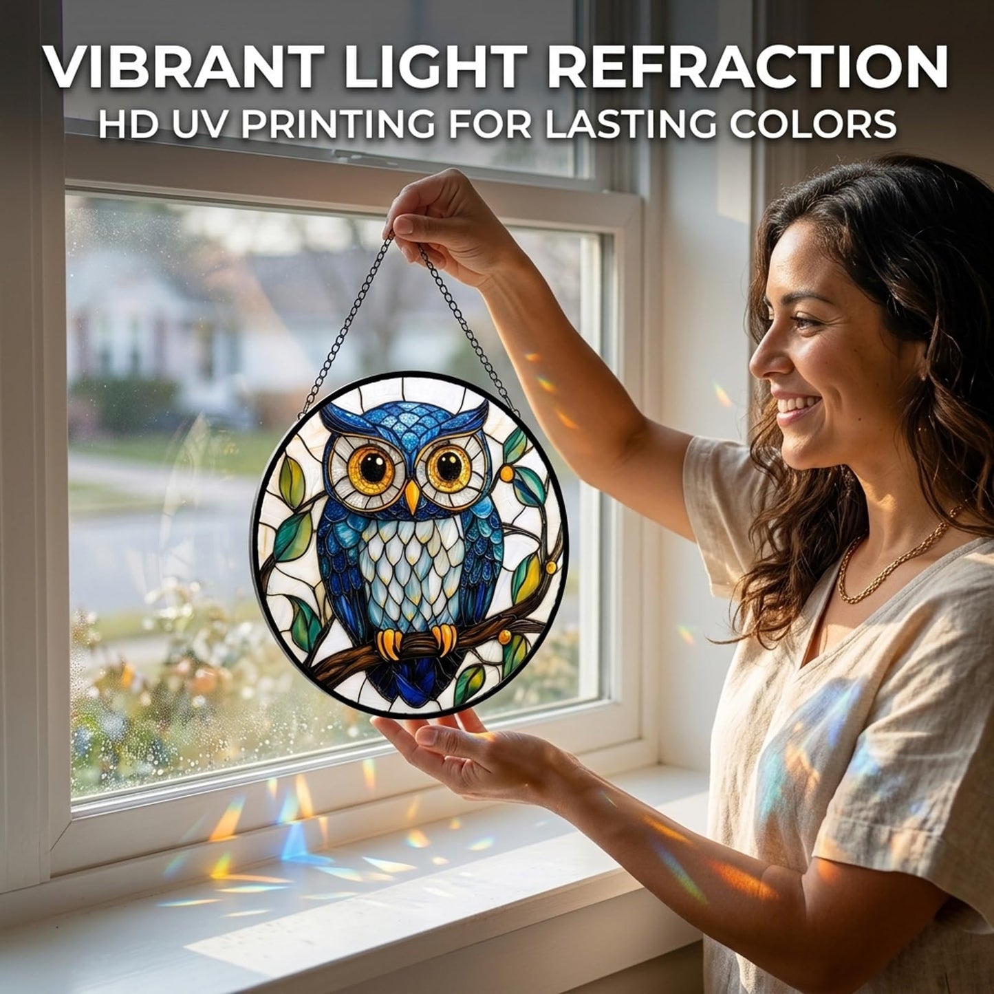Owl Gifts for Mom - Blue Owl Faux Stained Glass Window Hanging Sun Catcher for Door Garden Acrylic Decor Mother's Day Christmas Birthday Gift for Bird Lovers Women Nana Men Grandma Wife Dad 7.8"