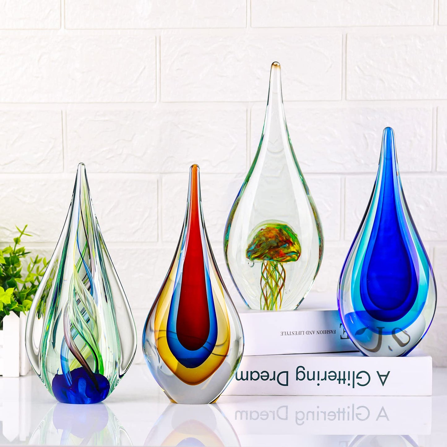 LCCCK 9" Tall Sculpture Hand Blown Glass Decor, Paperweight for Office Desk, Modern Glass Art Figurines Mediterranean Beach House Decor, Living Room Coffee Shelves Table Top Decoration (Aqua)