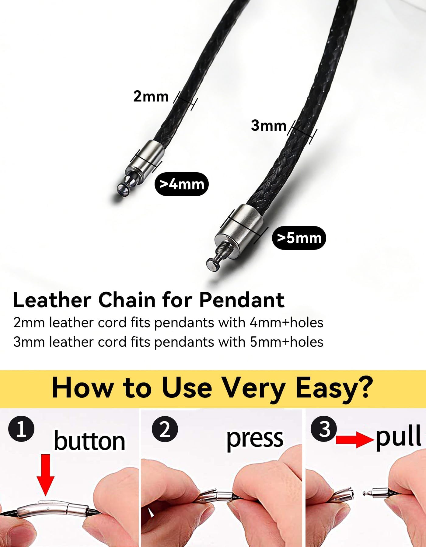 ChainsHouse Leather Necklace Cord for Men 16 Inches 2MM Black Waterproof Leather Chain Necklace with Clasp, Rope Choker for Women Men