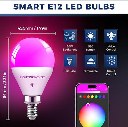 Lightinginside Smart Light Bulbs 50 Watt Equivalent, WiFi G16 1/2 Candelabra E12 Smart Bulbs Compatible with Alexa/Google Assistant, 5W 550LM, Ceiling Fan Light Bulbs, 2.4G WiFi Only, ETL Listed, 6PCS