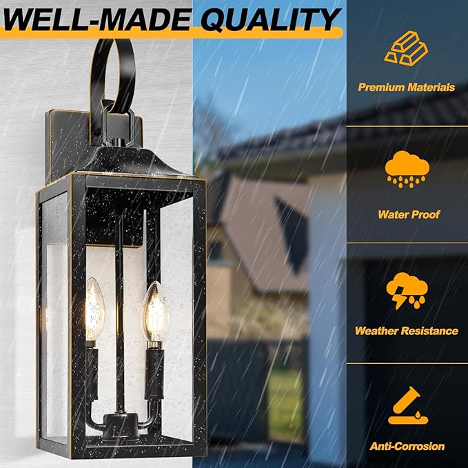 19" Large Outdoor Wall Light - Black Outside Wall Mounted Light Fixture with Gold Trim, Exterior Farmhouse Wall Sconce Lantern, Modern Porch Lighting Exterior Lamp for House 2-Light