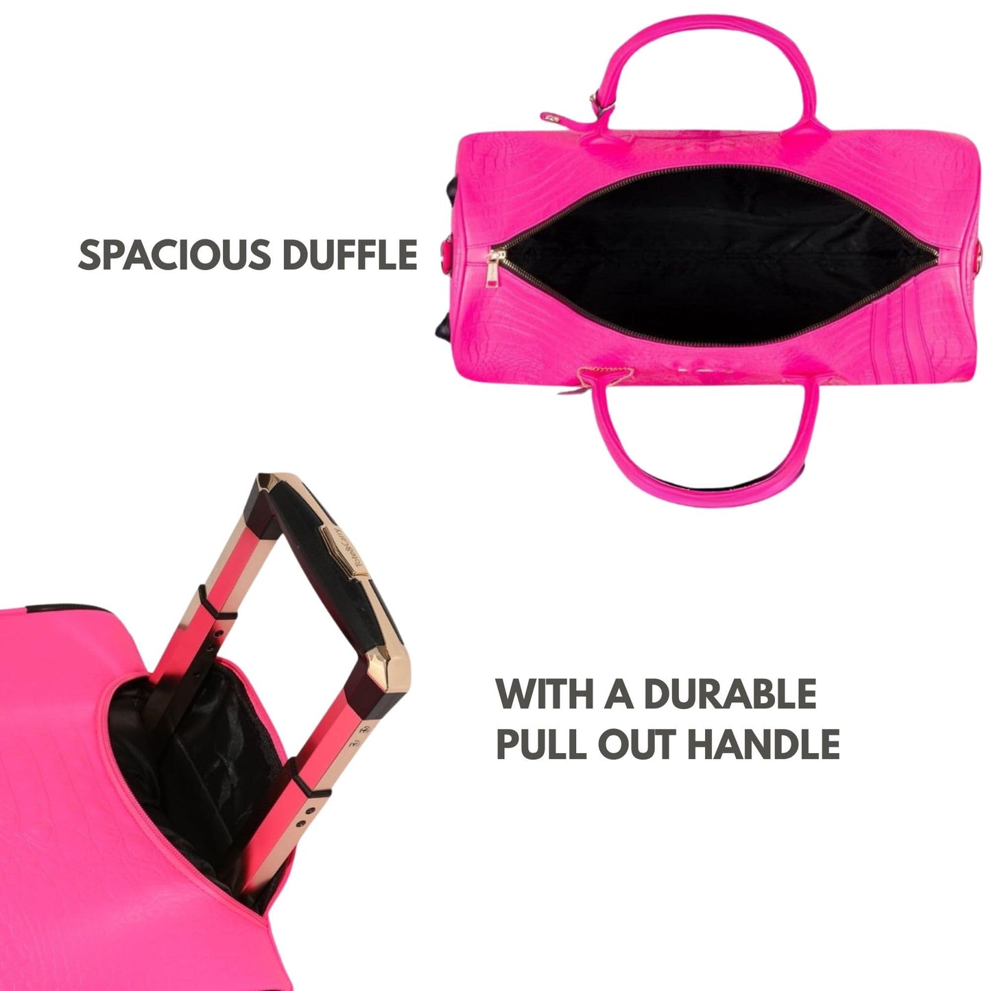 Tote&Carry Apollo 2 Large Rolling Duffle Bag with Wheels, Carry-On Roll Duffel for Travel, Gym, Sports, Daily, Weekend & All-Purpose Use for Men & Women (Crocodile Skin, Neon Pink)