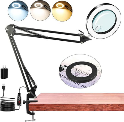 15X &10X Magnifying Glass with Light, 4.3" Real Glass LED Desk Lamp with Clamp, Adjustable Arm Magnifying Lamp, 3 Color Modes Stepless Dimmable Lighted Magnifier Hands Free for Close Work, Crafts
