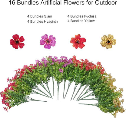 Outdoor Artificial Flowers, 16 Bundles Fake Flowers Summer Decoration, No Fade Faux Plastic Shrubs for Garden Patio Porch Window Box Decor (Mix 4 Color)
