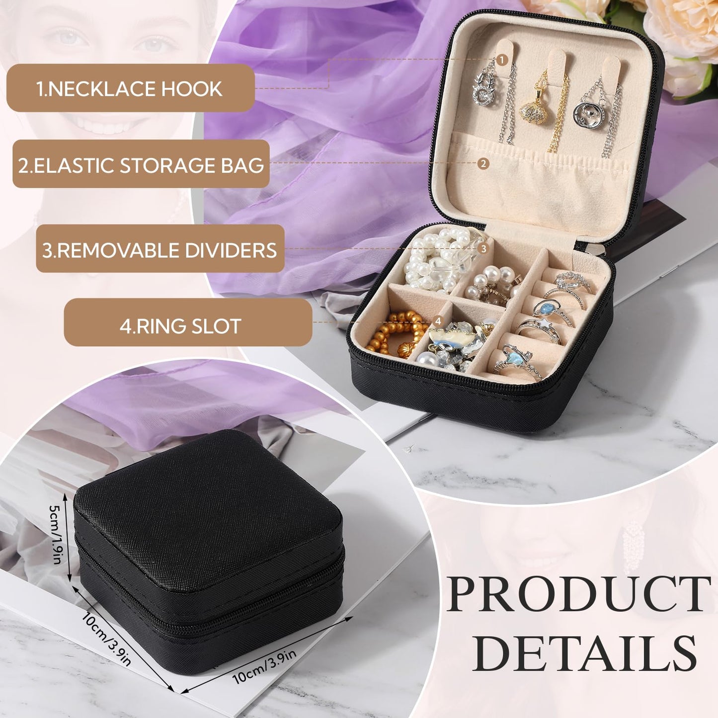 VZZNN 18 Pack Travel Jewelry Case, Small Travel Jewelry Organizer Box with Mirror, PU Leather Mini Jewelry Storage Holder for Rings Earrings Necklaces, Bridesmaid Gifts for Women Girls – Black