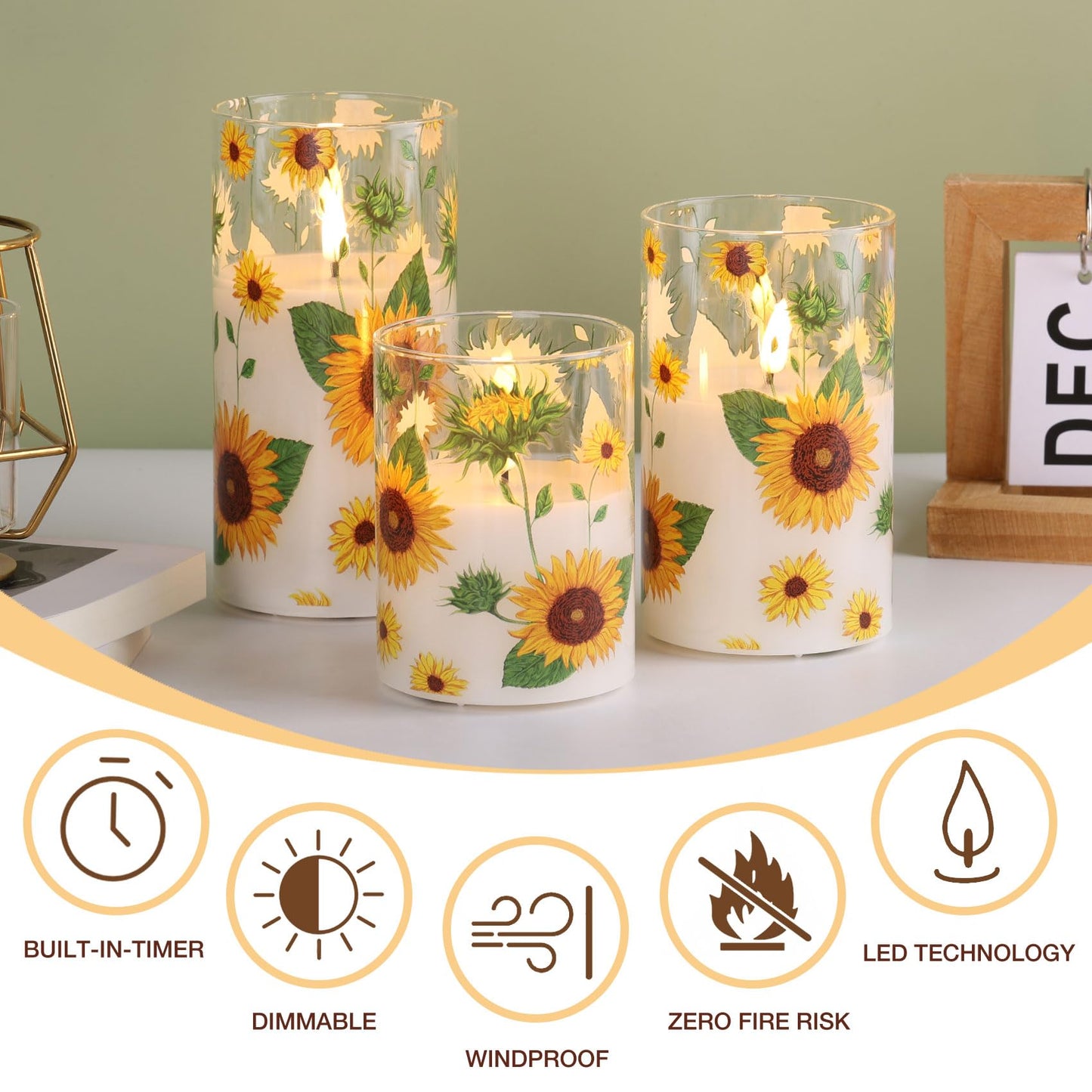 Girimax Sunflower Glass Flameless Pillar Candles with Remote, Flickering LED Battery Candles Summer Home Decor Set of 3