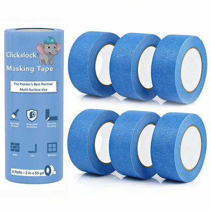 Clickslock 6 Rolls Blue Painters Tape 2 Inch x 55 Yards, Multi-Surface Masking Tape for Home Painting, Clean Removal No Residue, Indoor Outdoor Use, Paint Supplies