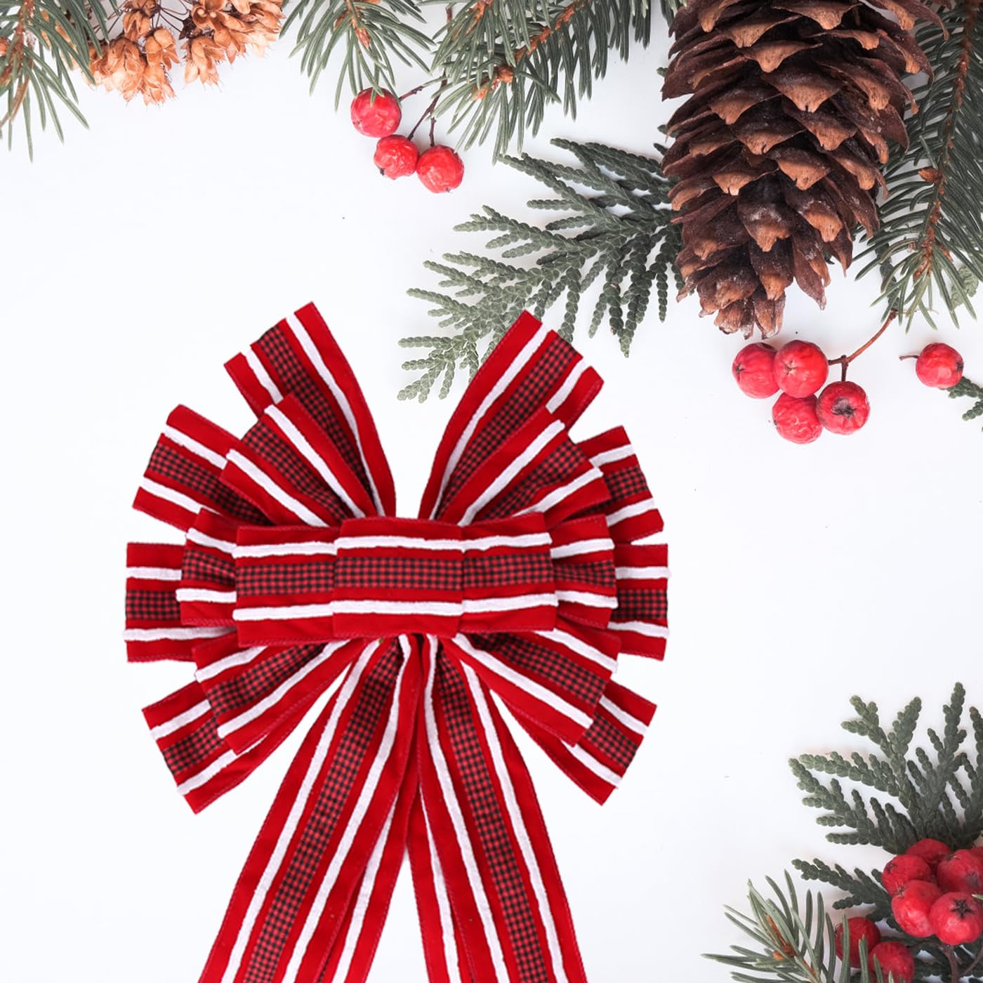 Christmas Tree Topper Bow Large Red Christmas Wreath Bow Tree Topper, Flocking Fabric with White Raw Edge Gift Bows for Xmas Ornament Holiday Home Thanksgiving Indoor/Outdoor Decor 52x13 Inches