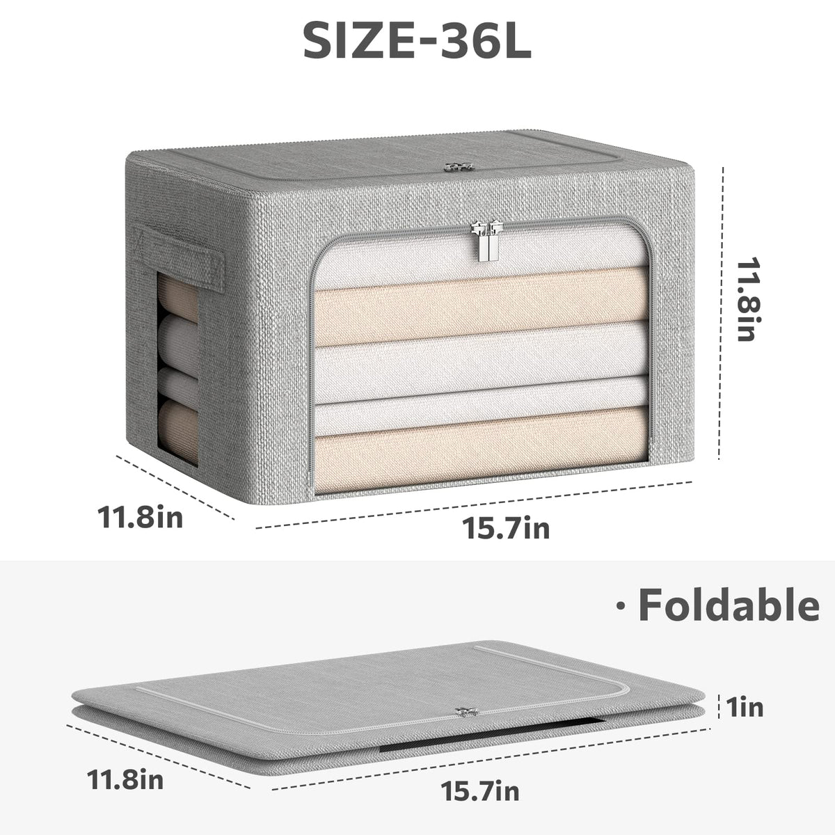 CYhom Clothes Storage Bins Box - Linen Fabric Foldable Stackable Container Organizer Set with Clear Window & Carry Handles & Metal Frame (Light Grey, Medium-36L)