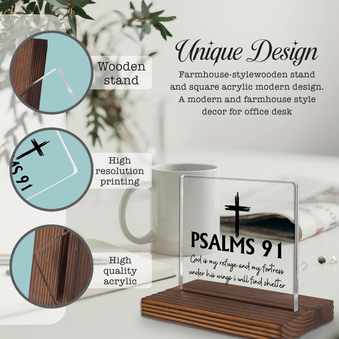 Psalm 91 Desk Sign, Christian Bible Verse Decor with Cross, God Is My Refuge and Fortress Gift for Women Men, Inspirational Faith Plaque for Office, Birthday, Baptism, Retirement, Christmas PA130