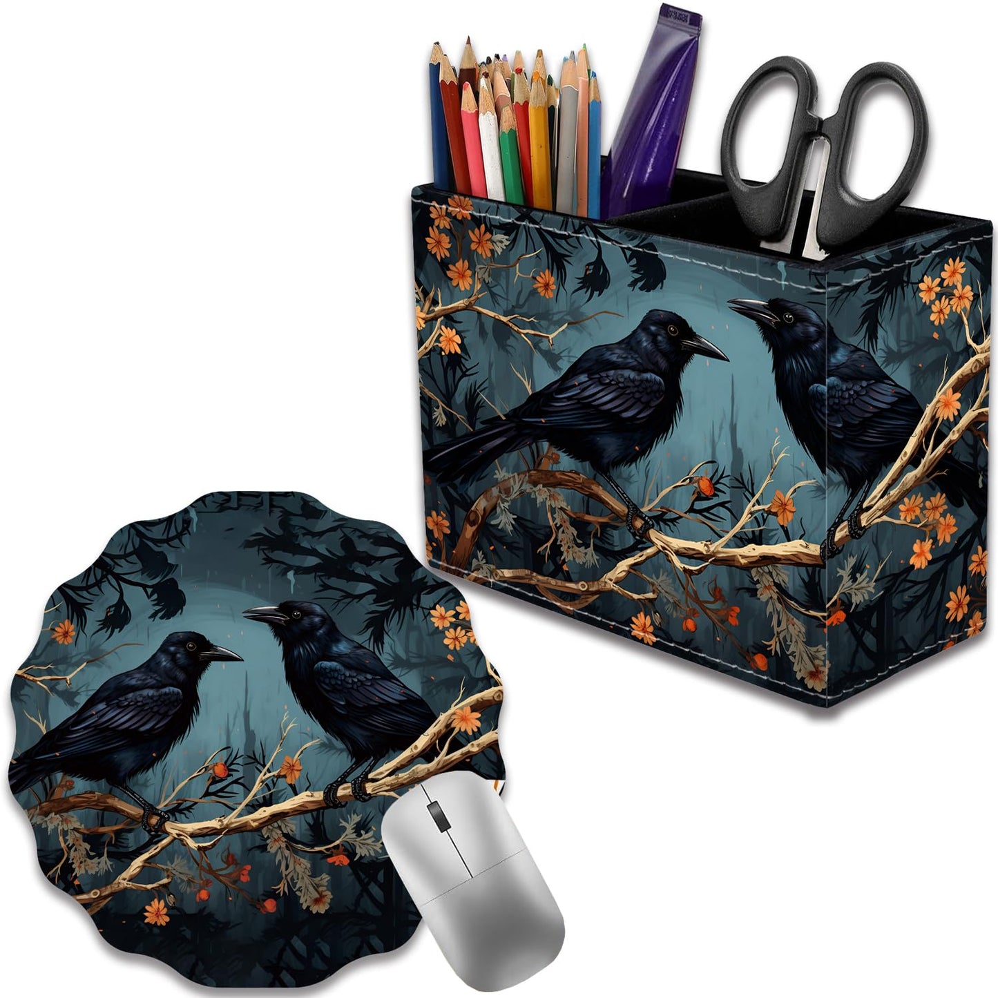 VSHSEEOM Pen Holder for Desk, PU Leather Multifunctional Desktop Storage Box and Anti-Slip Mouse Pad Set, Makeup Brush Holder Pen Organizer for Office and Home - Branch Crow