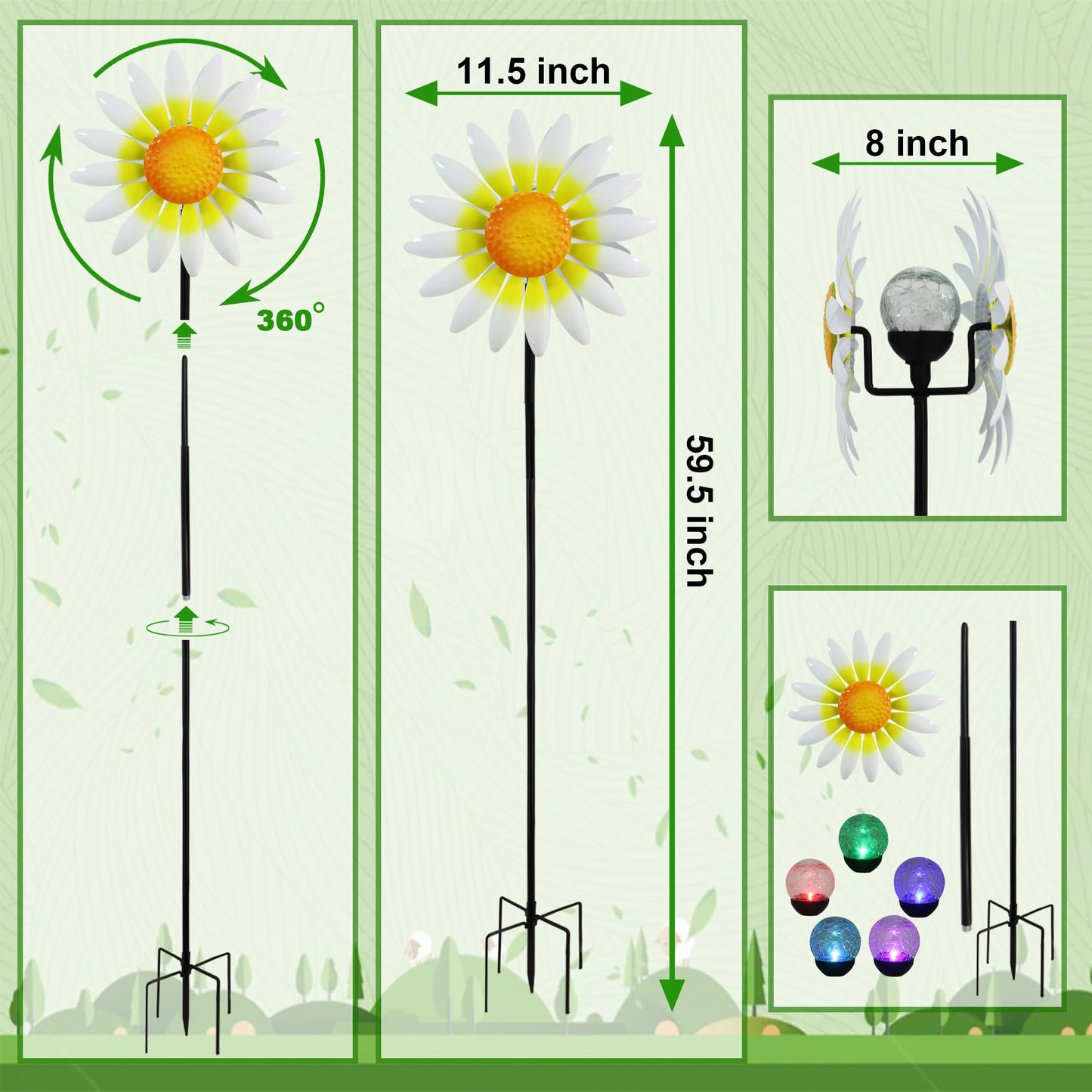 Decorative Metal Garden Daisy Wind Spinner, Decorative Garden Stakes, Daisy Wind sulpture for Yard Patio. Outdoor Yard Art. (White)