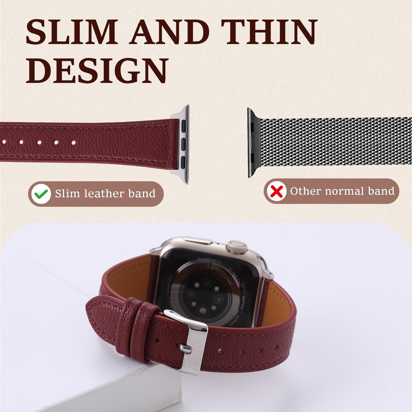 Thin Slim Soft Goatskin Women Leather Watch Bands for Apple Watch 38mm 40mm 41mm 42mm, Small Wrist Watch Band Lightweight Elegant Replacement Straps Compatible with iWatch SE 11 10 9 8 7 6 5 4 3 2 1