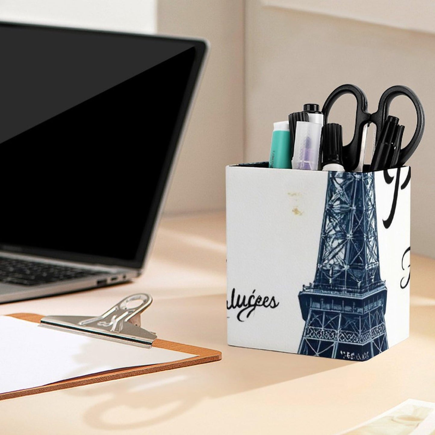 UTRSIFB Holder Cup Makeup Brush Storage Organizer, Waterproof Multifunctional Office Supplies, Pen Holder Square Leather Pencil Eiffel Tower