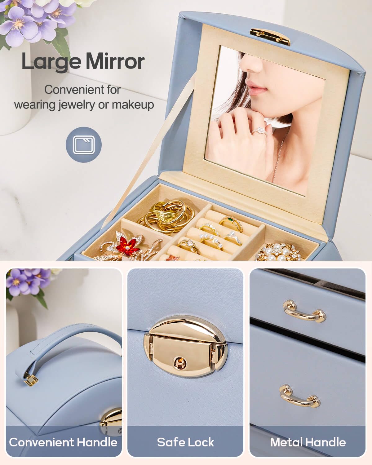 Homde Girls Jewelry Box Jewelry Storage Case Organizer Faux Leather with Mirror for Rings, Earrings, Bracelets, Necklaces (Grey Blue) - Gifts for Mother's Day