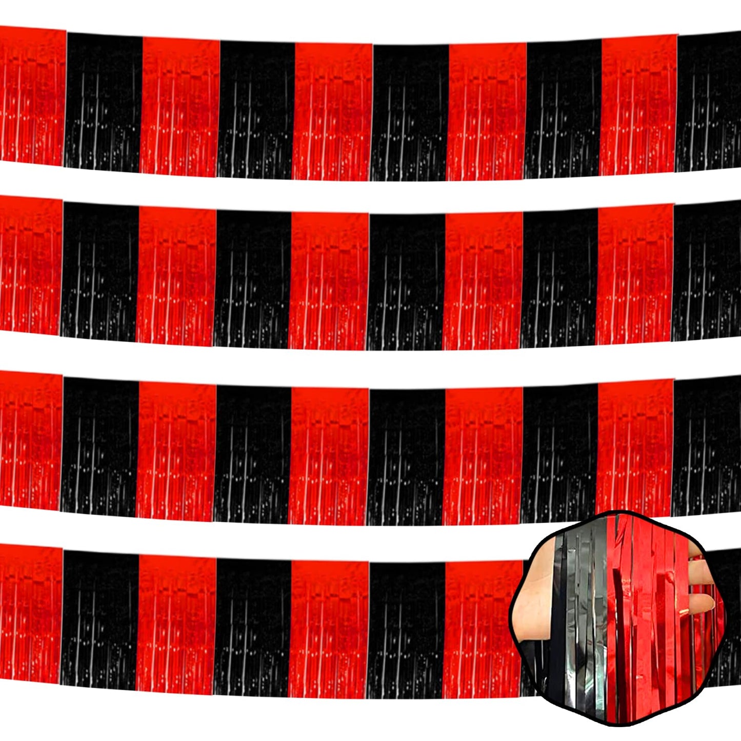4 Pack 10 Ft Black Red Foil Fringe Garland Metallic Tinsel Streamers Banner Wall Hanging Curtain Backdrop for Parade Floats, Christmas Day, Thanksgiving Day, Halloween, New Year Party Decoration