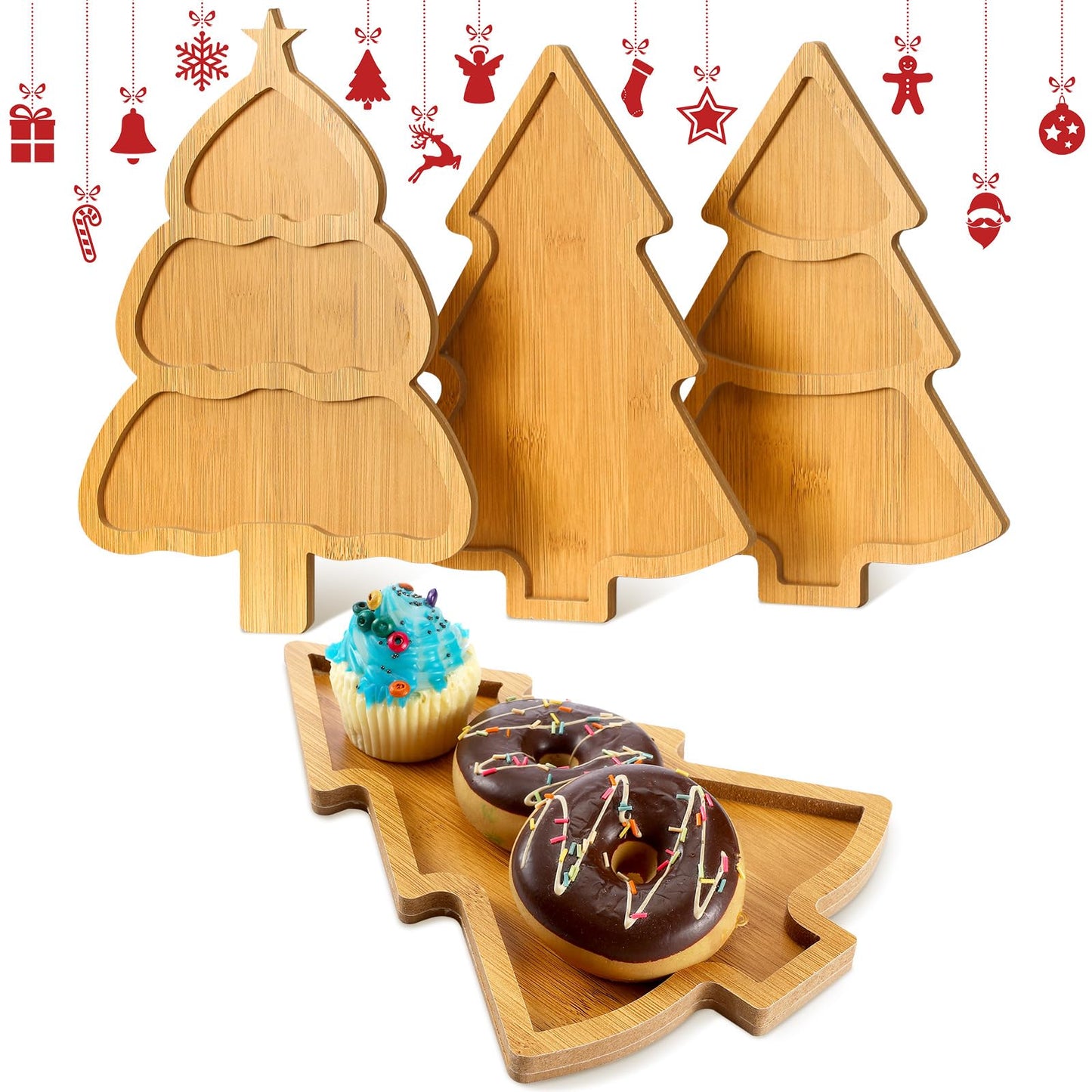 Bencailor 3 Pcs Christmas Wooden Serving Tray Christmas Tree Plates Dishes Charcuterie Board Dinner Tray for Xmas Home Party Dinnerware Supplies(Xmas Tree)
