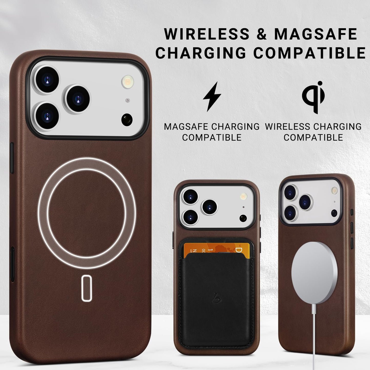 Belemay Handcrafted Full-Grain Vegetable-Tanned Leather Case for iPhone 17 Pro, Compatible with MagSafe, Two-Tone Effect, Natural Patina, Camera Control Button, Metal Buttons (6.3") Bourbon Brown