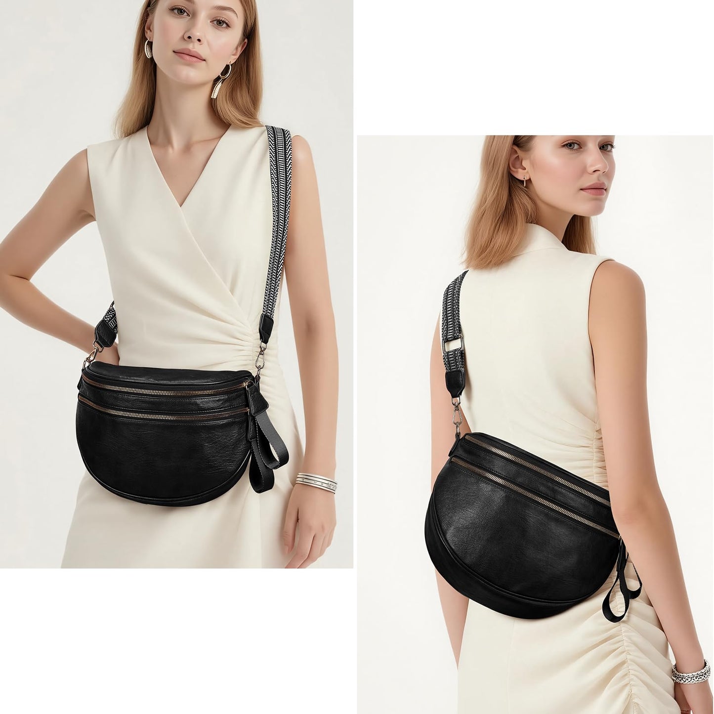 Leather Crossbody Fanny Pack Trendy Bum Bag Double Zip Multi Compartment with 2 Adjustable Straps Daily Belt Purse for Women