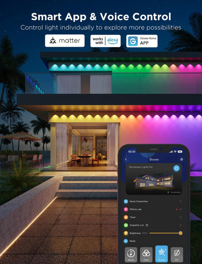 Govee Permanent Outdoor Lights Pro, 200ft with 120 RGBIC LED Lights for Daily and Accent Lighting, 75 Scene Modes for Patio Decor, IP67 Waterproof, Works with Alexa, Google Assistant, Matter, Black