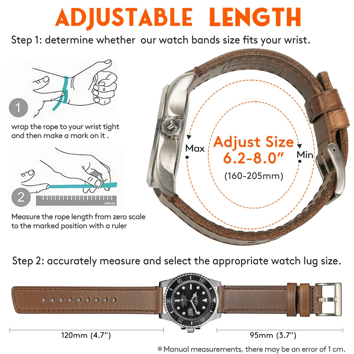 hemsut h Soft Leather Watch Bands for Men, Horween Quick Release Leather Watch Strap Vintage Watch Replacement Wrap of 22mm