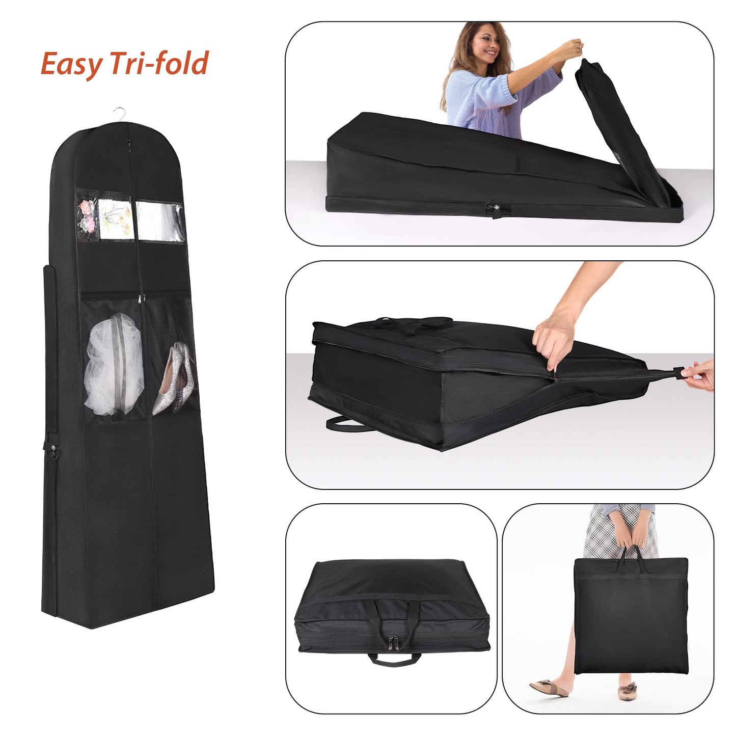 Univivi Wedding Dress Travel Bag for Airplane, Extra Long Wedding Gown Garment Bag with Accessory Pockets, 72 Inch Trifold Heavy Duty Dress Bags for Gowns for Travel and Closet Storage (Black)