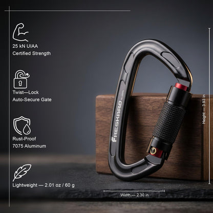 FresKaro 25kN Climbing Carabiners Double Locking Carabiner Clips, Heavy Duty Carabiner for Rock Climbing, Rappelling, Hunting, or Survival Gear kit, Gym Equipment, Cerfified UIAA Carabiner Black