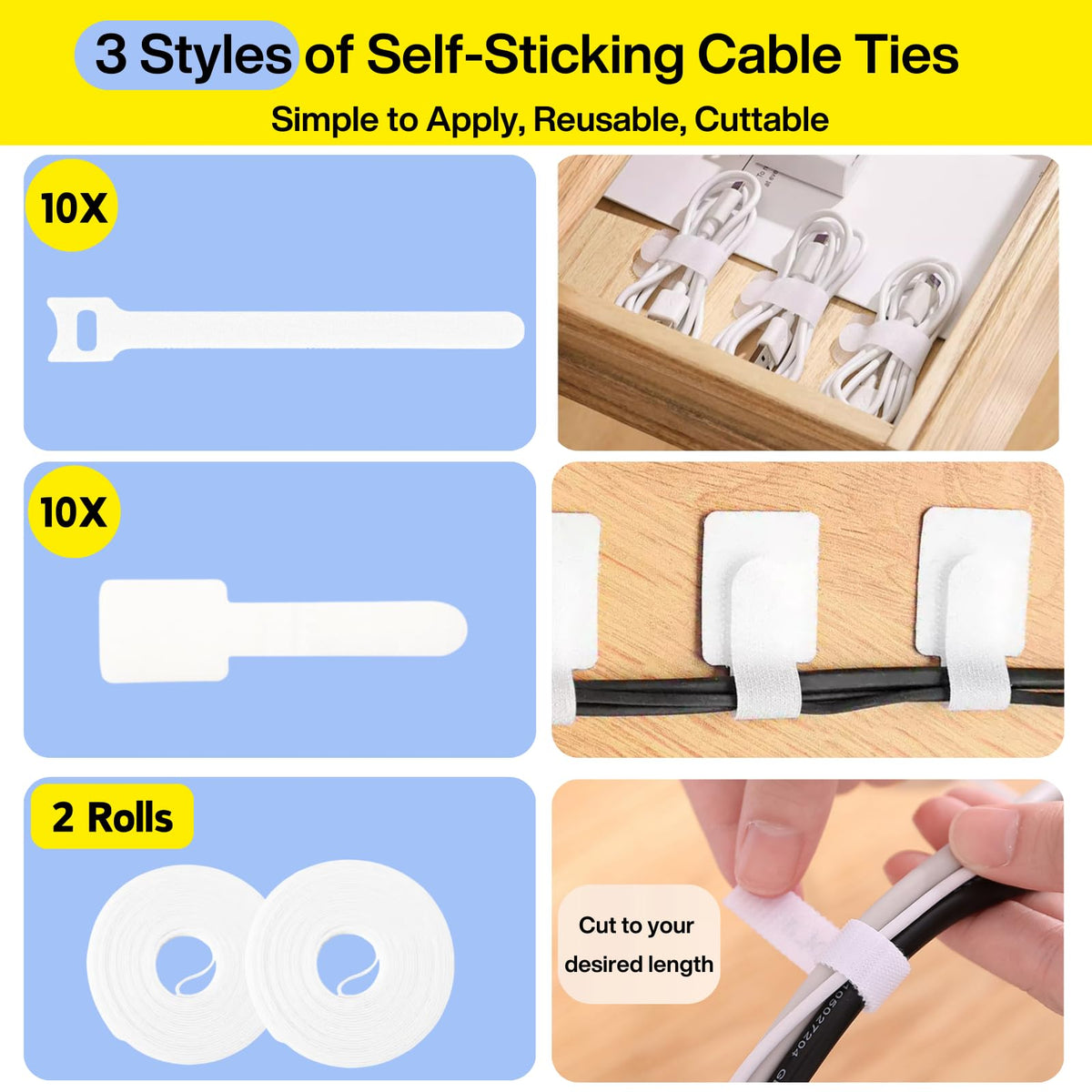 [313Pcs] Cable Management Kit, 67 Adhesive Cable Clips, Topavatop Desk Cord Organizer, 22 Reusable Cable Strap, 4 Cable Sleeve Split, 200 Nylon Cable Zip Ties with 20 Mounts for TV Office Home, White