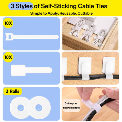 [313Pcs] Cable Management Kit, 67 Adhesive Cable Clips, Topavatop Desk Cord Organizer, 22 Reusable Cable Strap, 4 Cable Sleeve Split, 200 Nylon Cable Zip Ties with 20 Mounts for TV Office Home, White