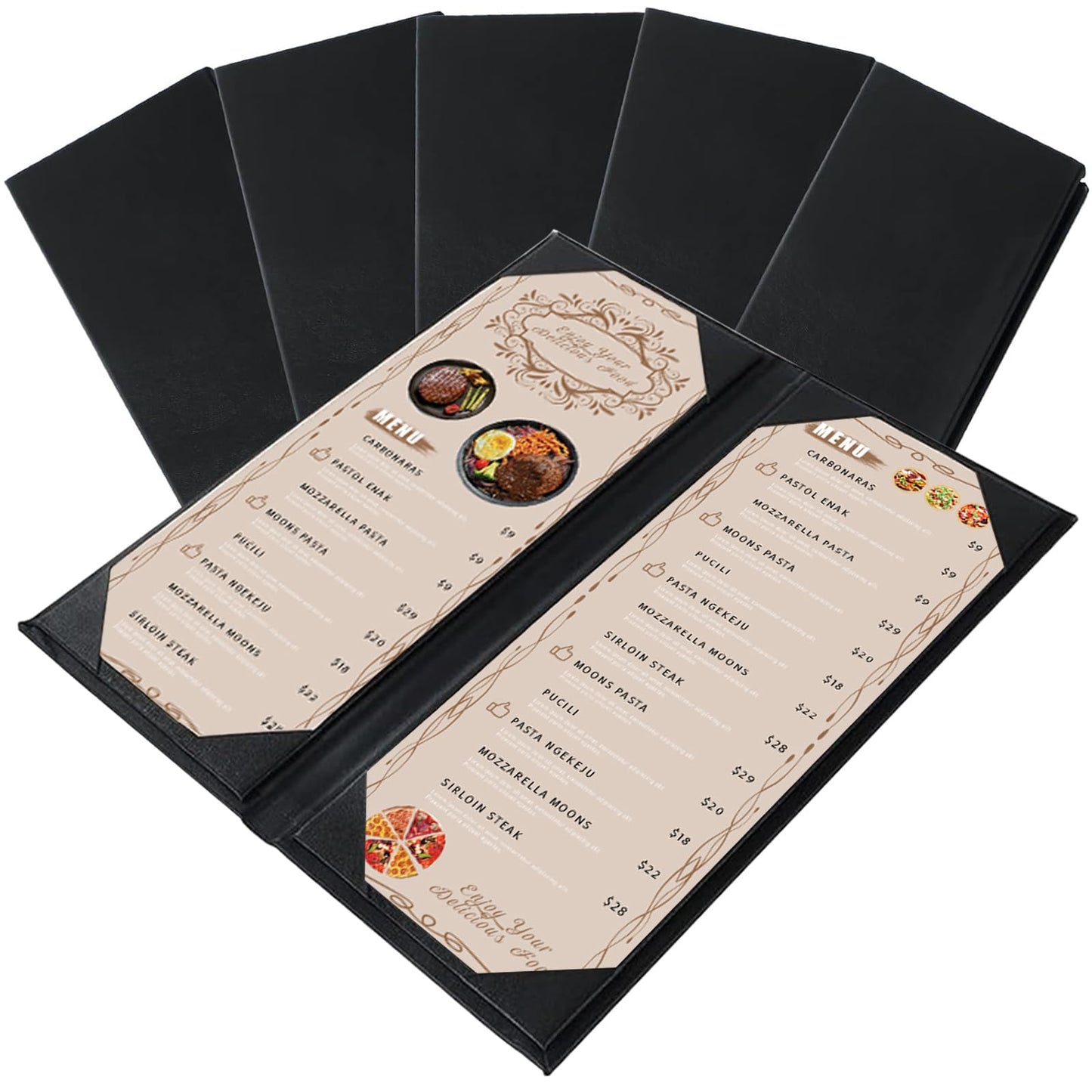 FLKQC Menu Covers 4.25" x 11" – 5 Pack 2 View Black PU Leather Restaurant Menu Holders, Double Panel with Angled Corners for Food Menus, Wine Lists & Drink Specials & Cocktail, Perfect for Parties