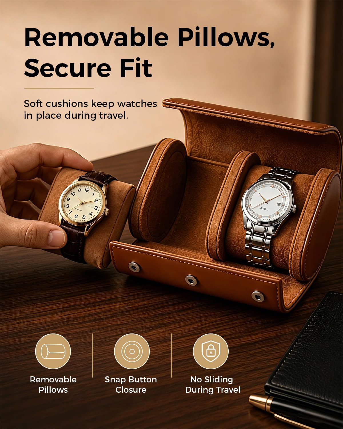 Watch Travel Case for Men: Watch Roll Travel Box 2-Slot with Removable Pillows & Soft Lining - Portable Storage Compact Organizer for Travel & Display - Gift for Men (Brown)