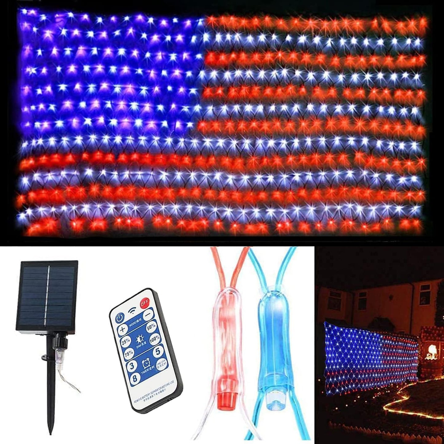 FUNIAO (Upgraded) 2-in-1 Solar Powered American Flag Lights, 420 LED Flag Net Lights, Remote Controlled Waterproof Patriotic Ornament for Memorial Day, 4th of July, Presidential Election, Christmas