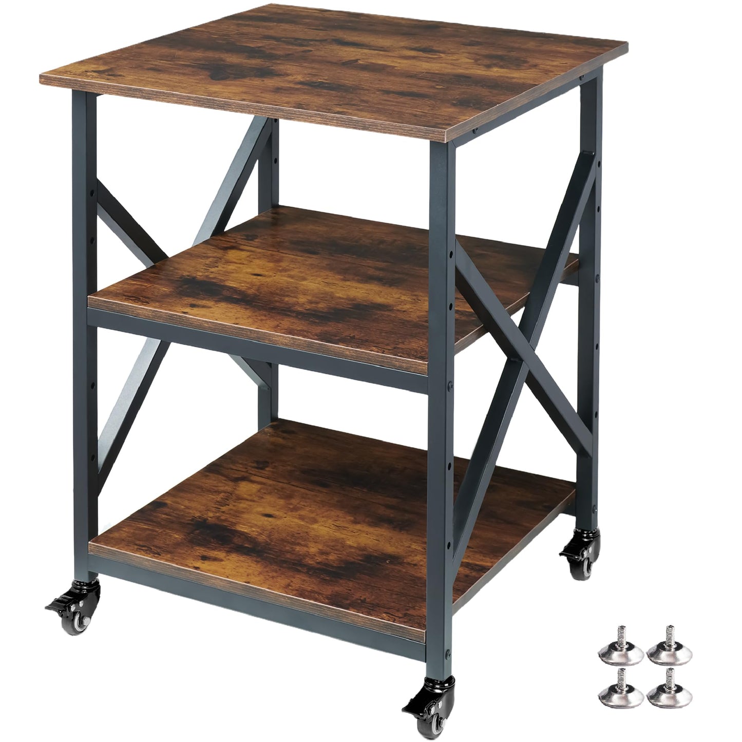 Fannova 23.6 x 23.6 Inches Large Printer Stand, 3 Tier Square Printer Table with Height Adjustable Storage Shelf, Rolling Printer Cart with Industrial Wheels for Home Office - Rustic Brown