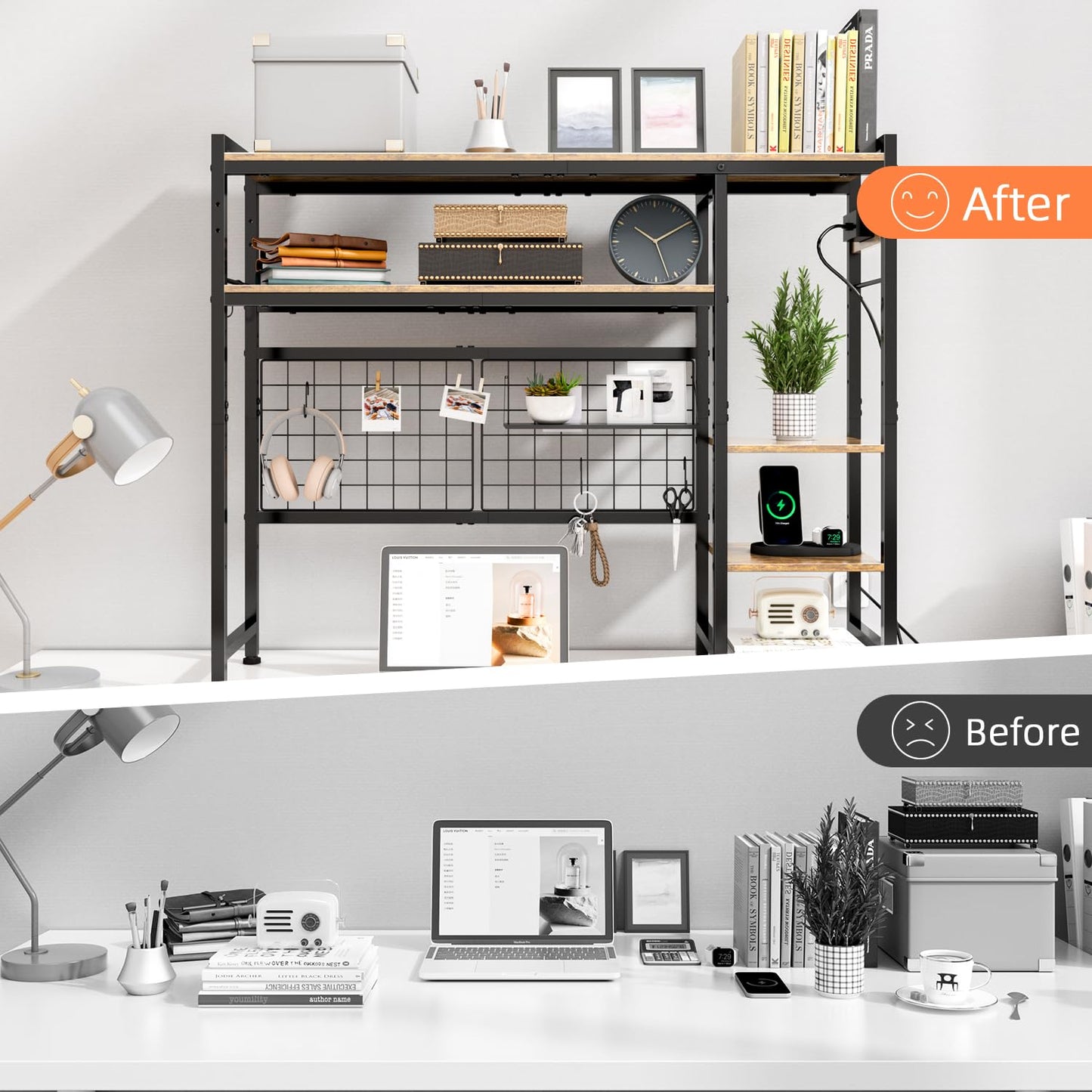 STEHEMO Desk Shelf for Top of Desk, 41.3" Desktop Organizer Shelf with Grid Panel & LED Lights, Desk Hutch for Computer Monitor, Wood Desktop Bookshelf for Home Office Dorm, with Power Outlets