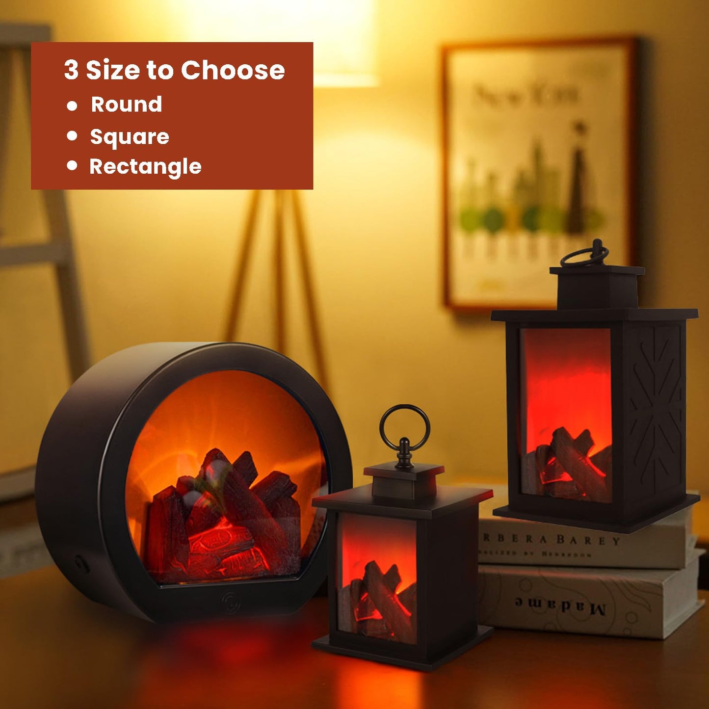 Ragyzity Decorative Flameless Portable LED Lanterns, Fireplace Light with LED Simulation Log Flame Effect, Touch Switch Simulation Flame for Home Christmas Decor