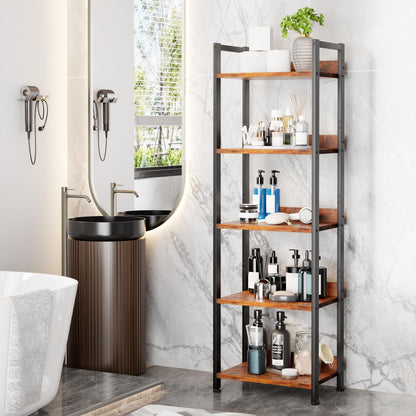 Furologee 5 Tier Bookshelf with Drawer, Tall Narrow Bookcase with Shelves, Wood and Metal Bookshelves Storage Organizer, Industrial Display Standing Shelf Unit for Bedroom, Living Room, Rustic Brown