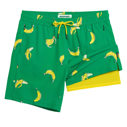 maamgic 2 in 1 Mens Swim Trunks 7 Inch Swim Shorts Swim Suits Board Shorts Falling Banana-Green Large