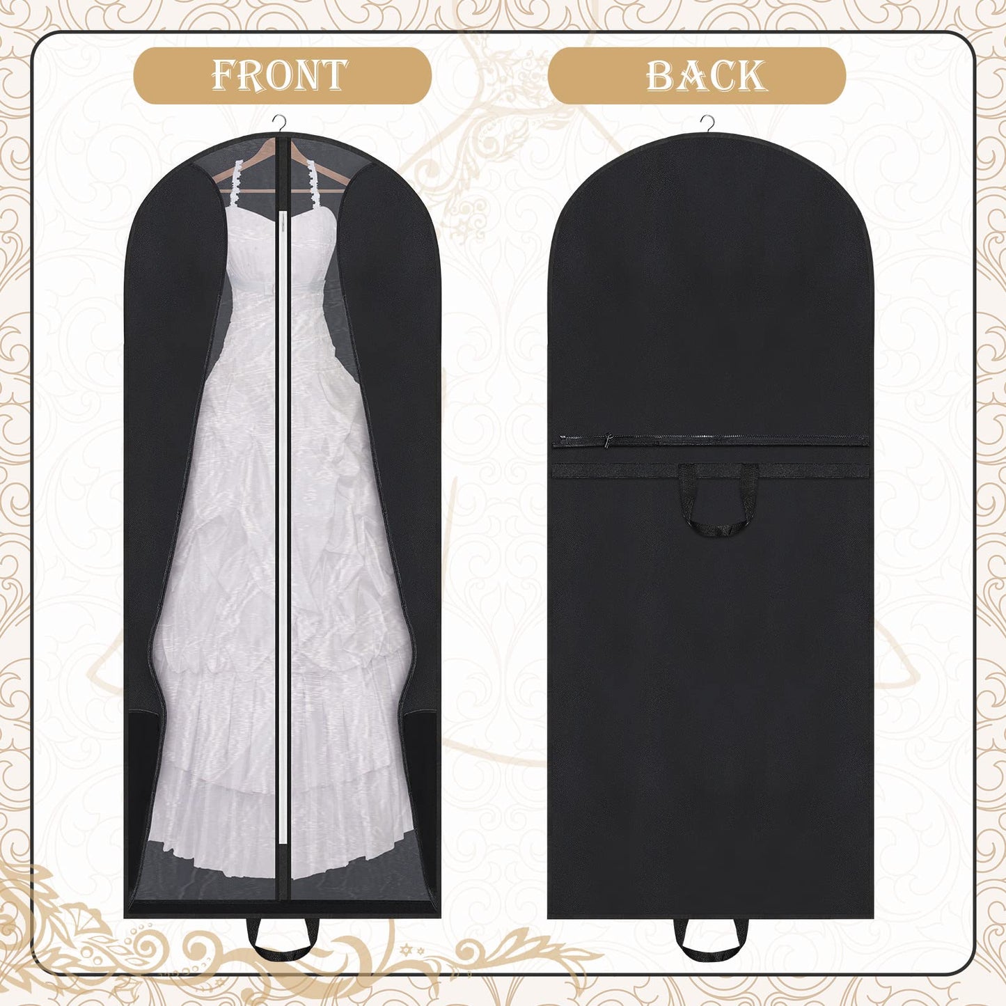 Fabbay 2 Pcs 70" Bridal Wedding Gown Dress Garment Bag Extra Large Long Foldable Portable Travel Covers Garment Bags Hanging Luggage Storage with Pockets for Women's Prom, Gusseted Black