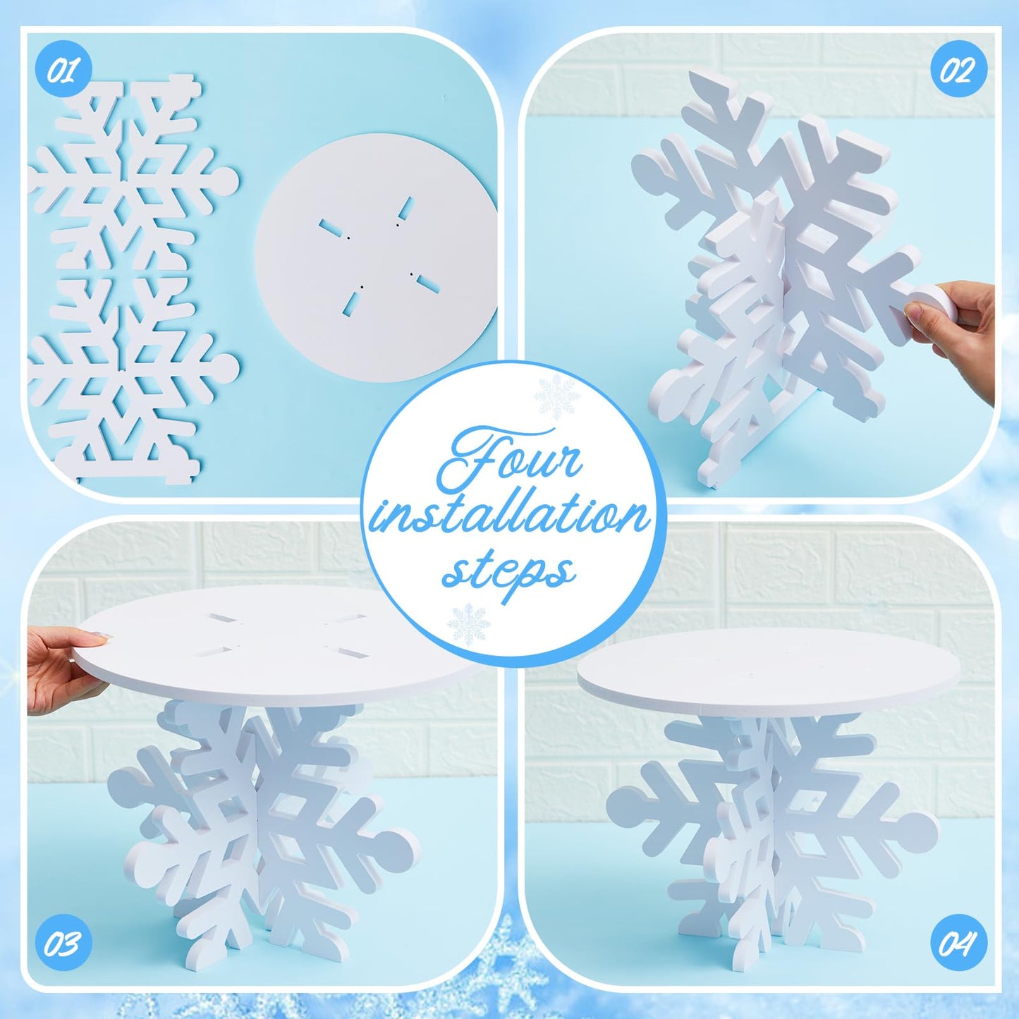 Lallisa 12" Snowflake Frozen Cake Stand White 3D Snowflake PVC Cake Decorations with Engraved Snow Themed Holder Winter Dessert Stand Centerpieces for Frozen Winter Birthday Party Supplies
