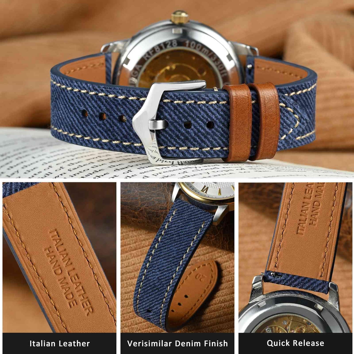 WOCCI 20mm Watch Band, Italian Leather, Denim Pattern, Silver Buckle (Denim Blue)