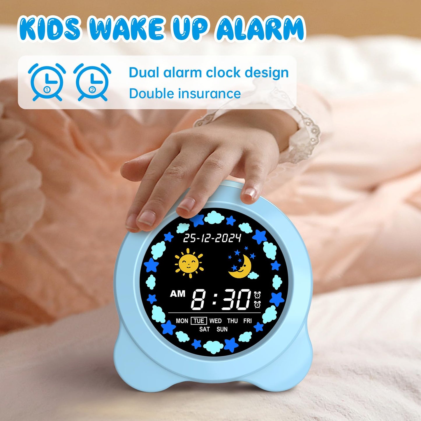 Kids Alarm Clock, Sun & Moon LED Display with Day & Date, Children's Sleep Trainer with Night Light & Sleep Sounds, Cute Wake Up Clock for Kids Bedroom, Easy to Use Birthday Gift for Boy and Girls