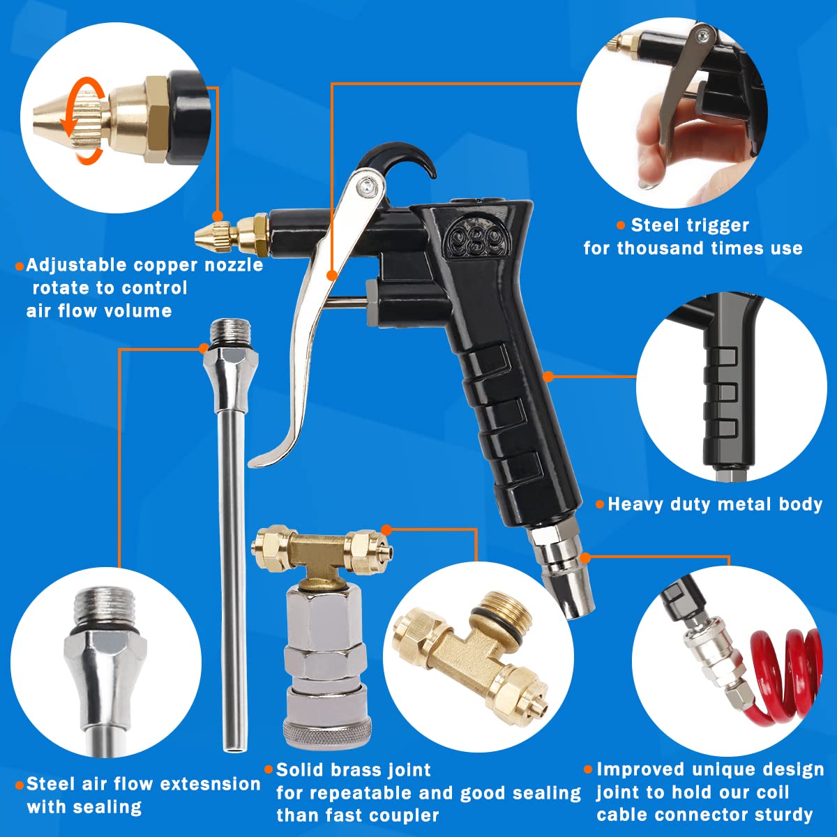Boeray Heavy Duty Truck Air Duster Blow Gun Cleaning with 9 Meter Long Coil and 2 interchangeable nozzle tips- Green Air Seat Blow Gun Kit