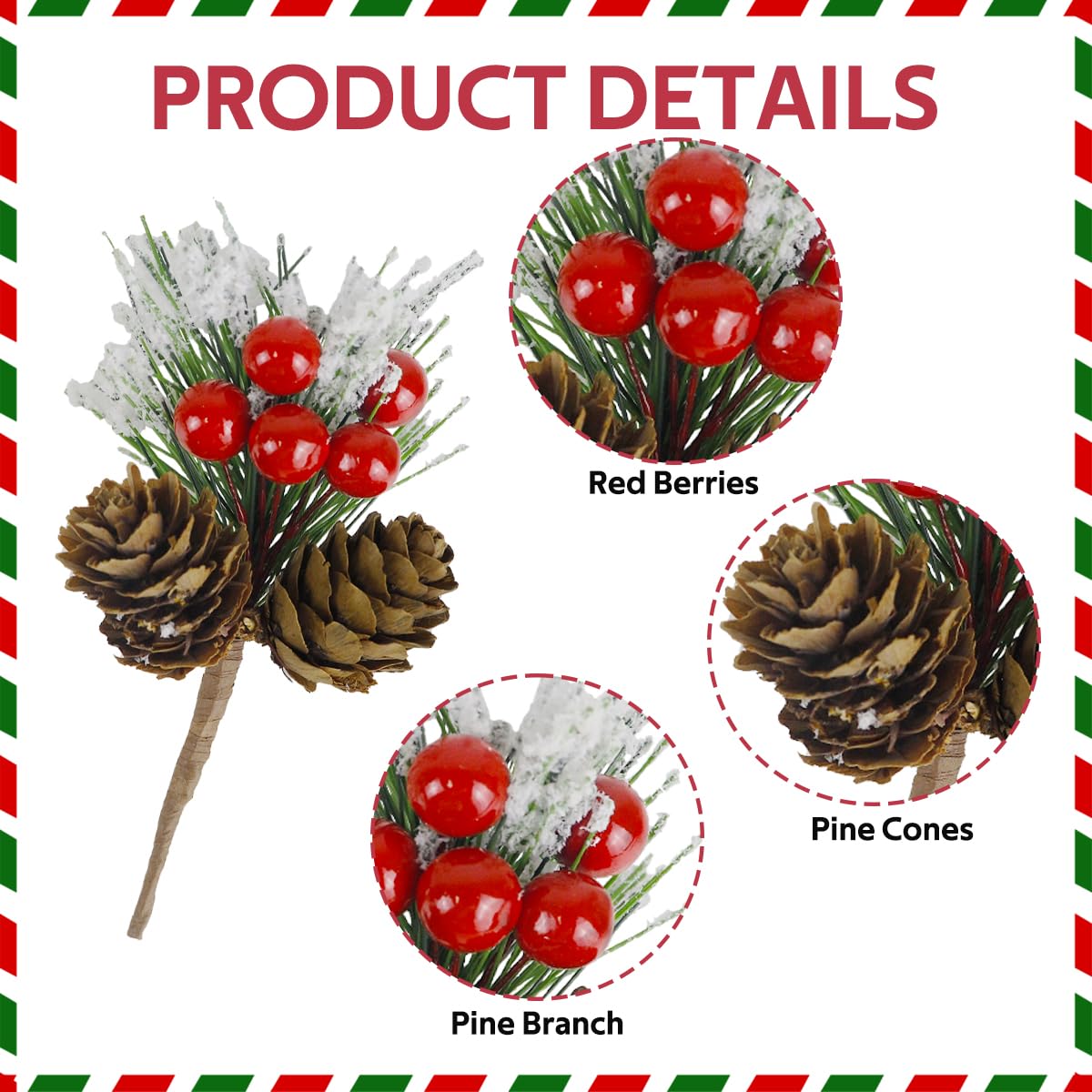 CXLHO 20PCS Christmas Floral Picks, Artificial Christmas Tree Picks and Sprays, Faux Cedar Pine Needles Branches with Red Berry Stems and Pine Cones for Crafts DIY Garland Holiday Wreath