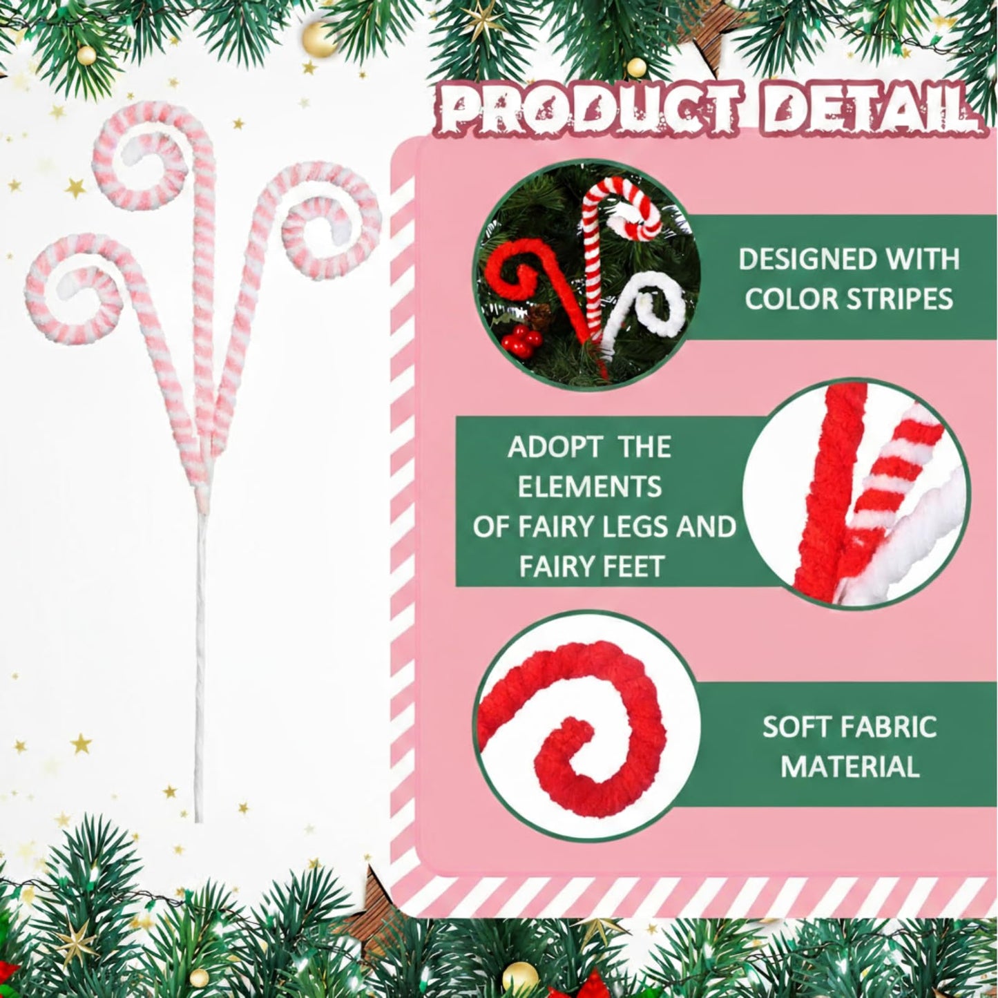 Wettarn 12 Pcs Christmas Tree Decorations Picks White Pink Woolen Candy Curly Picks for Christmas Tree Topper Ornaments with Fixed Wire Felt Striped Xmas Decoration DIY Craft for Party Decorations