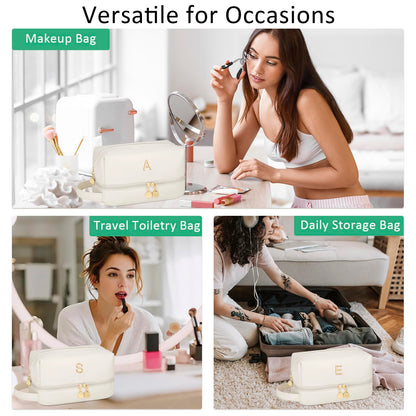 CLOUDWINGS Initial Makeup Bag for Women - Personalized Double Layer Cosmetic Bags with Makeup Brush Organizer, Hanging Travel Toiletry Bag with Large Capacity, Gifts for Mom Girlfriend Wife（Beige M）